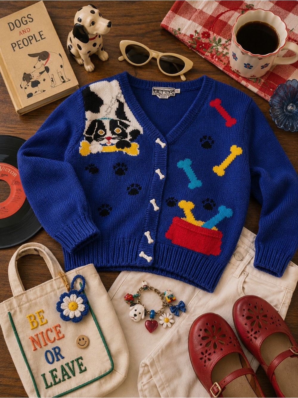Vintage Berek Blue Novelty Dog Cardigan with Bone Buttons